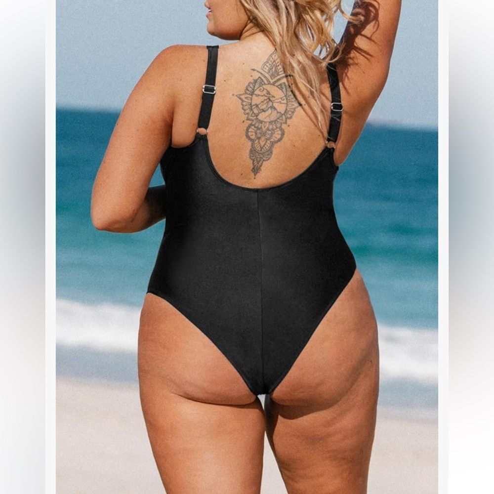 Cupshe Mesh Detail One Piece Swimsuit NWT Size 1X Black Plunge Cheeky - Picture 2 of 10